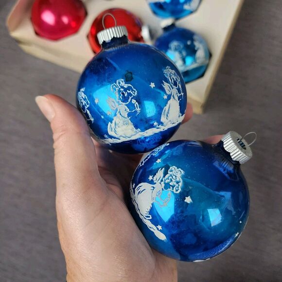 Vintage Shiny Brite Christmas Ornaments Blue White Angel Candle 6 Pieces Set - Picture 7 of 11